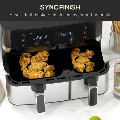 Dual Air Fryer, 8.5L Family Size Double Air Fryer Oven with 8-In-1 Presets, Smart Finish, Digital Display, Recipe, Timer for Oil Free & Low Fat Healthy Cooking, 2700W