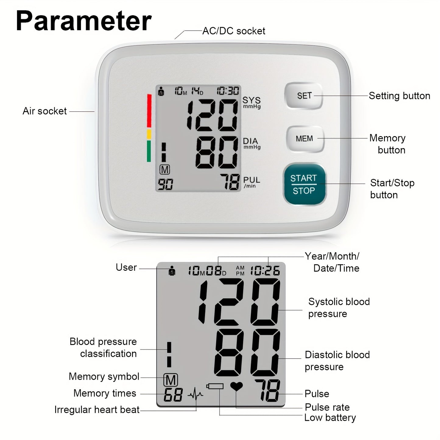 Home Blood Pressure Monitor with 8.7-17 Inch Blood Pressure Cuff BP Cuff Automatic Upper Arm Cuff Digital Blood Pressure Machine (Batteries not included)