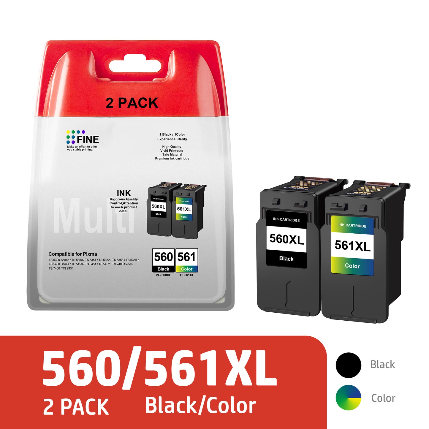 2 Pack 560XL 561XL Ink Cartridges Remanufactured for Canon PG-560XL CL-561XL Ink Cartridges for Canon Pixma TS5350 TS7451 TS7450 TS7451 TS5350a TS5351 TS5352 TS5353 Printers (1Black, 1Tri-Color)