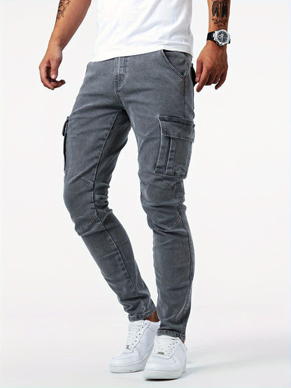 Men's Casual Multi Pocket Jeans, Chic Street Style High Stretch Cargo Denim Pants