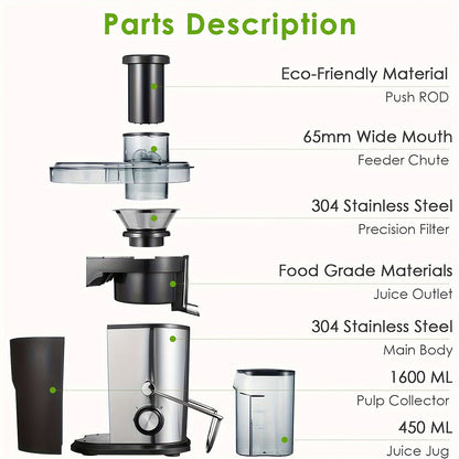 Juicer Machines, 600W Juicers Whole Fruit And Vegetable, Fruit Juicer Machine With Anti-Drip Spout, 2 Speeds, Juice Booklet, Brush For Easy Cleaning, BPA-Free [Energy Class A+++]