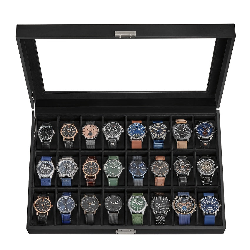 1pc Classic 24-Slot Watch Box with Glass Lid - Lockable Tabletop Watch Case, Rectangle Shape, Faux Leather Interior, Button Closure - Ideal for Watch Storage and Display, Jewelry Boxes