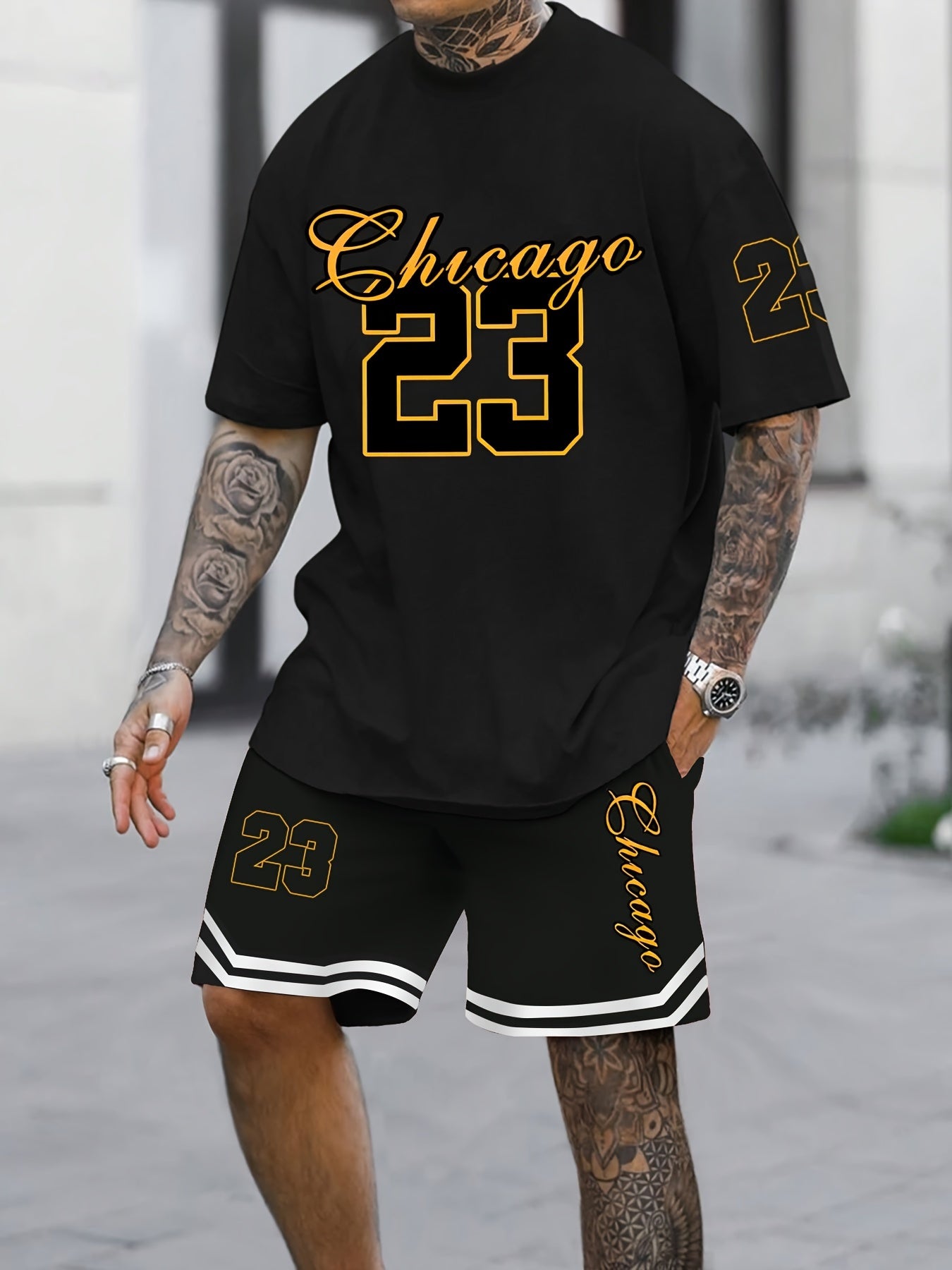 Men's Outfit, Chicago 23 Graphic Print Casual Crew Neck Short Sleeve T-Shirt & Shorts 2-piece Set For Summer Outdoor Activities