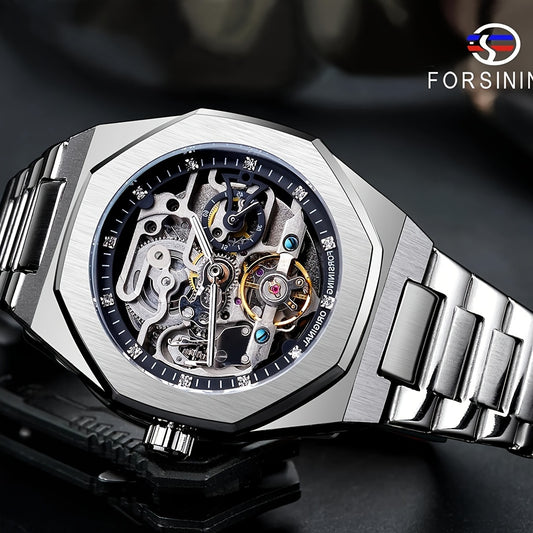 Forsining Men's Fashion Automatic Mechanical Watch - 3D Rhinestone Skeleton, Stainless Steel, Sport & Business Style, Ideal Gift