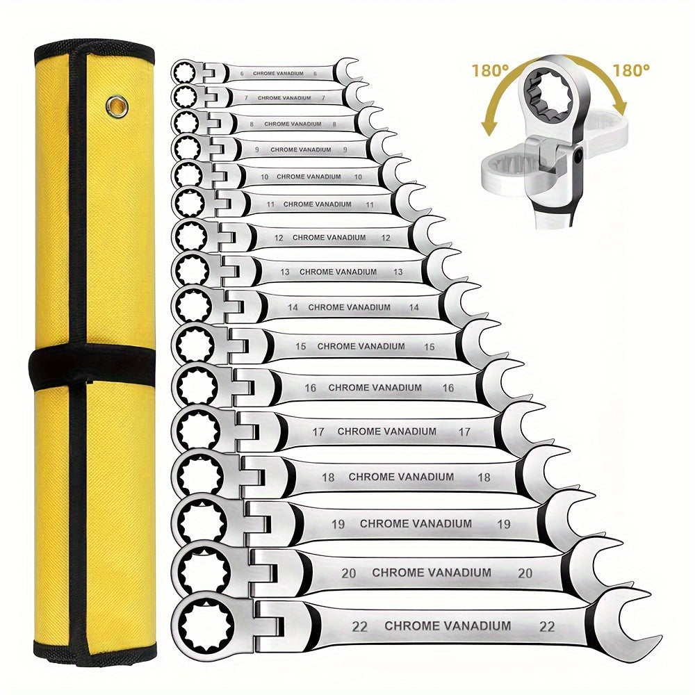 Chrome-Plated Ratchet Wrench Set with Adjustable Head - Quick, Open-Ended Design for Industrial Use, Includes Yellow Carry Bag