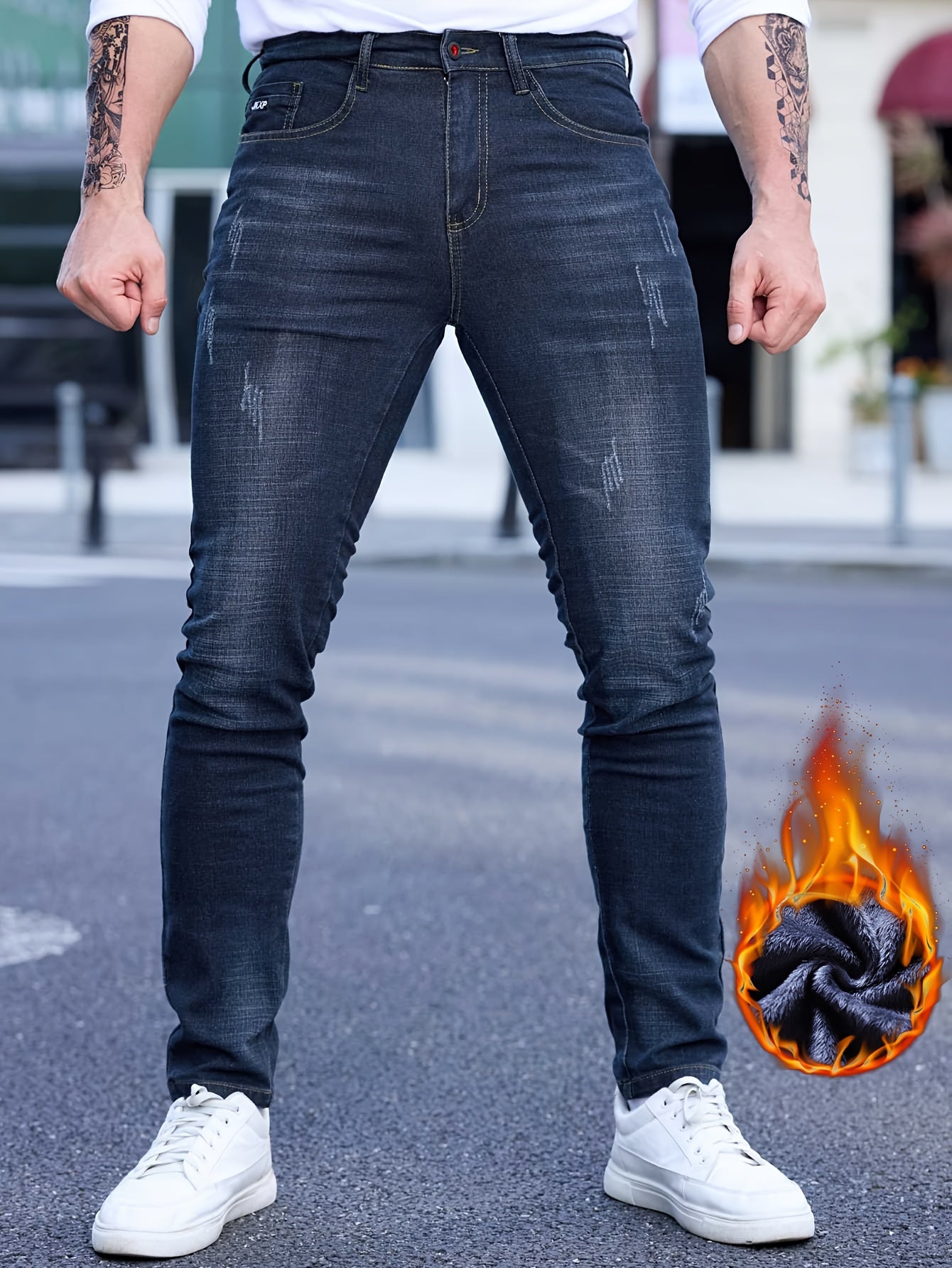 Solid Fleece Men's Slim-fit Denim Pants with Pockets, Causal Cotton Blend Warm Jeans for Fall Winter Outdoor Activities