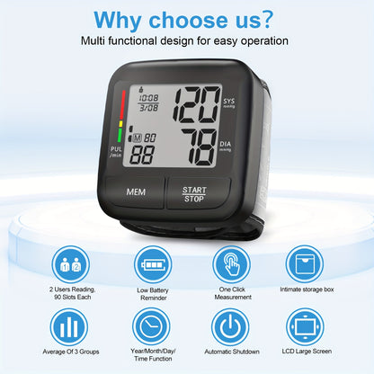 1pc Portable Wrist Blood Pressure Monitor, Automatic Digital Blood Pressure Device With Large LCD Display, Including Blood Pressure Wrist Strap And PP Box (Battery Not Included)