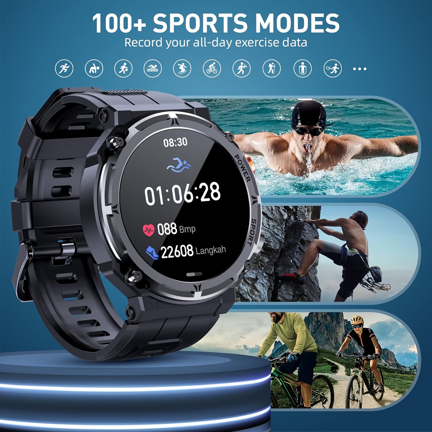 Purspo Outdoor Smart Watch(Answer/Dial Calls), Waterproof Sport Smartwatch Men For iPhone And Android Phones, Fitness Tracker Watch With Multi-Sport Modes/Music-Control/Alarm Clock/Long Battery Life/Good Gifts For Sport Men