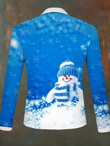 Men's Cute Snowman Print Golf Shirt, Casual Stylish Christmas Themed Long Sleeve Top As Gift