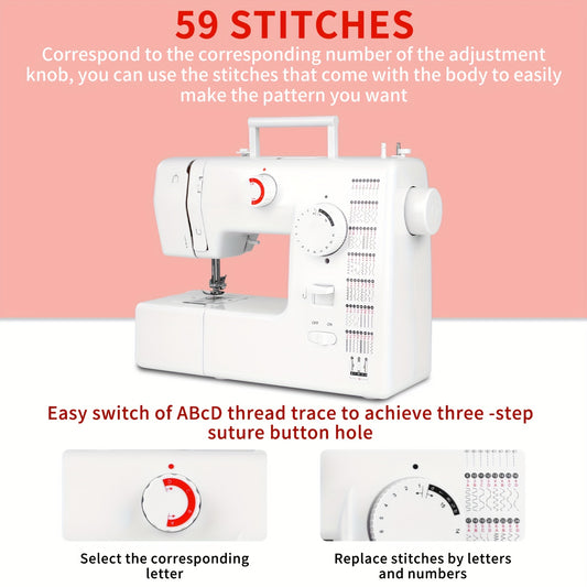 705 Sewing Machine With 59 Stitch Programs, Electric Sewing Machine For Children And Beginners, Mini With Foot Pedal, Electricity And Battery Operation, LED Light, Automatic Forward And Reverse