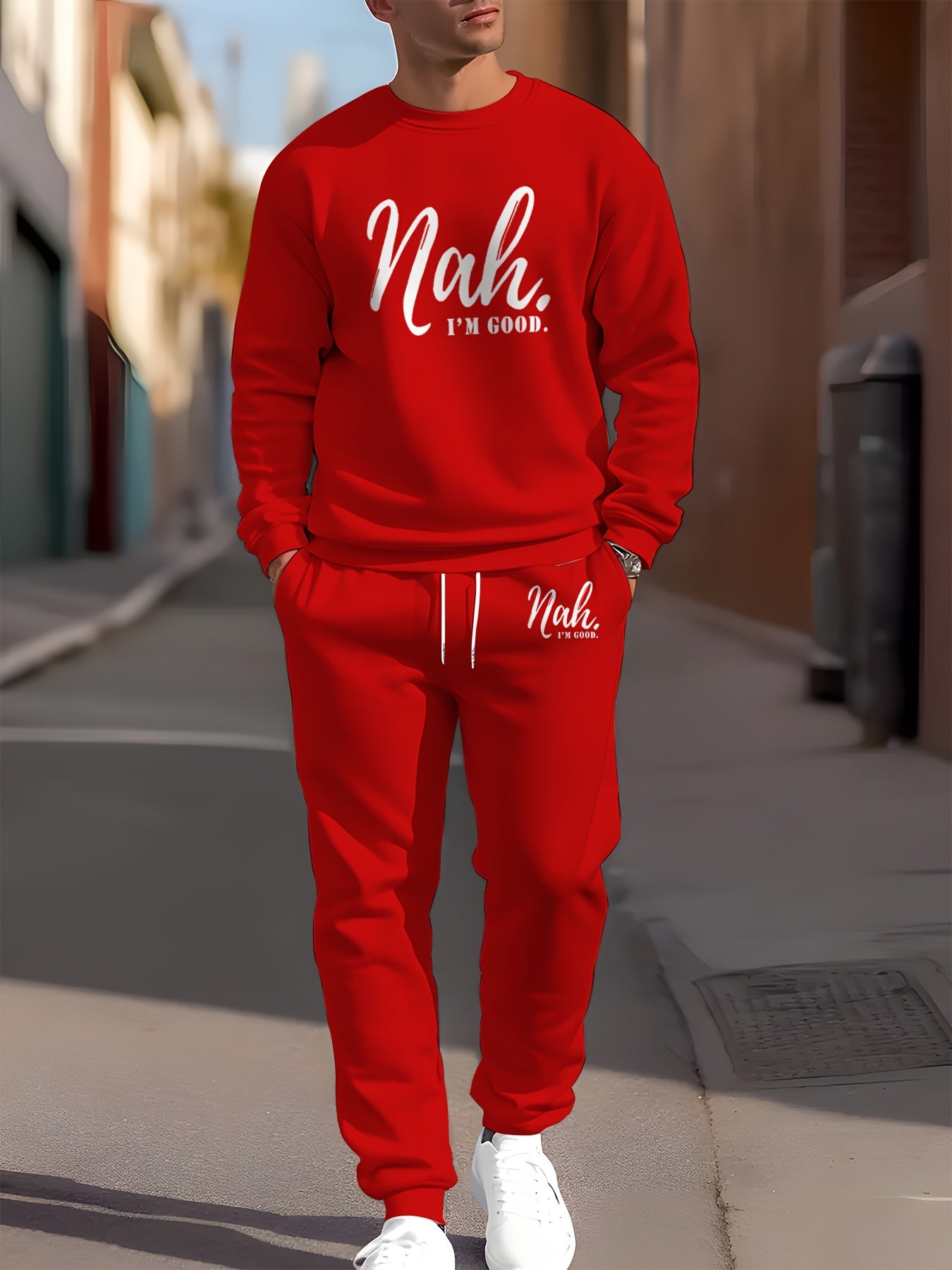 2-piece Set Nah Graphic Print Crew Neck Long Sleeve Sweatshirt & Drawstring Sweatpants Men's Outfit for Outdoor