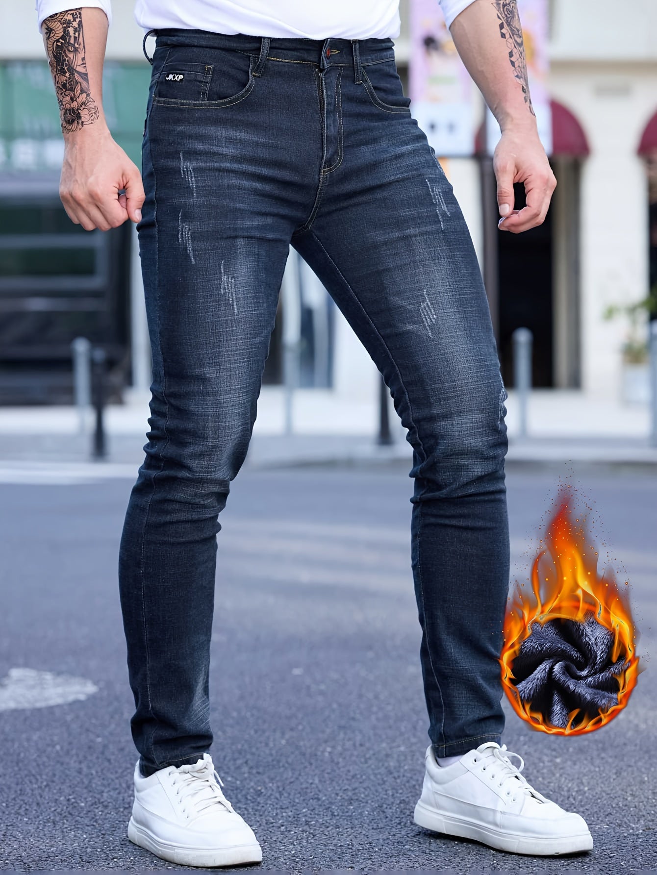 Solid Fleece Men's Slim-fit Denim Pants with Pockets, Causal Cotton Blend Warm Jeans for Fall Winter Outdoor Activities