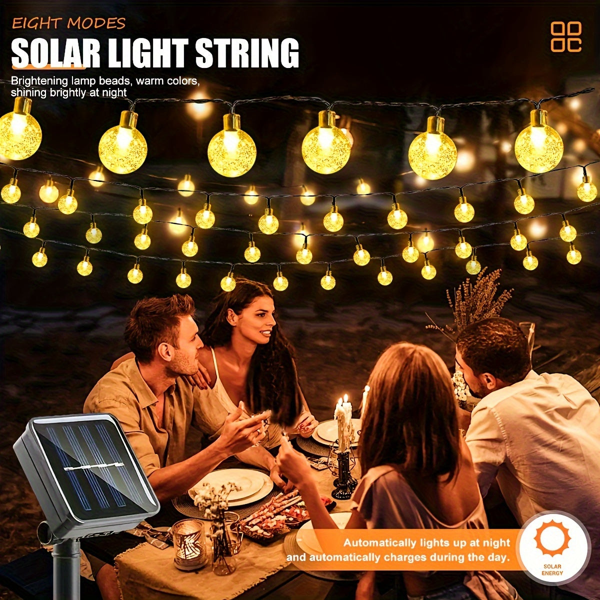 1pc 11.89meter 100 Big Bulb Solar Crystal Ball String Lights, Bubble String Lights, Waterproof Outdoor, 8 Lighting Modes, Solar String Lights For Garden, Camping, Party Independence Day Christmas Wedding Prom Birthday Courtyard Decoration