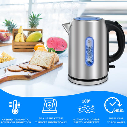 Electric kettle, 1.7L stainless steel kettle with blue LED indicator 2200W fast boil kettle for hot water tea or coffee cordless kettle with auto shut-off and boil-dry protection