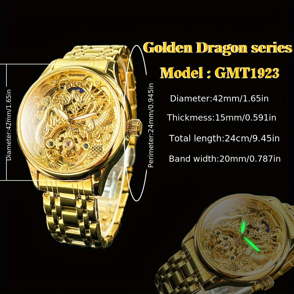 Glamorous Dragon Hollow Automatic Mechanical Watch for Men - Golden-Tone Steel Band, Luxurious & Classic Fashion Accessory