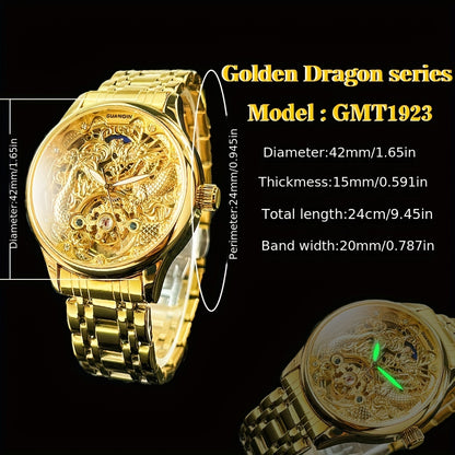 Glamorous Dragon Hollow Automatic Mechanical Watch for Men - Golden-Tone Steel Band, Luxurious & Classic Fashion Accessory