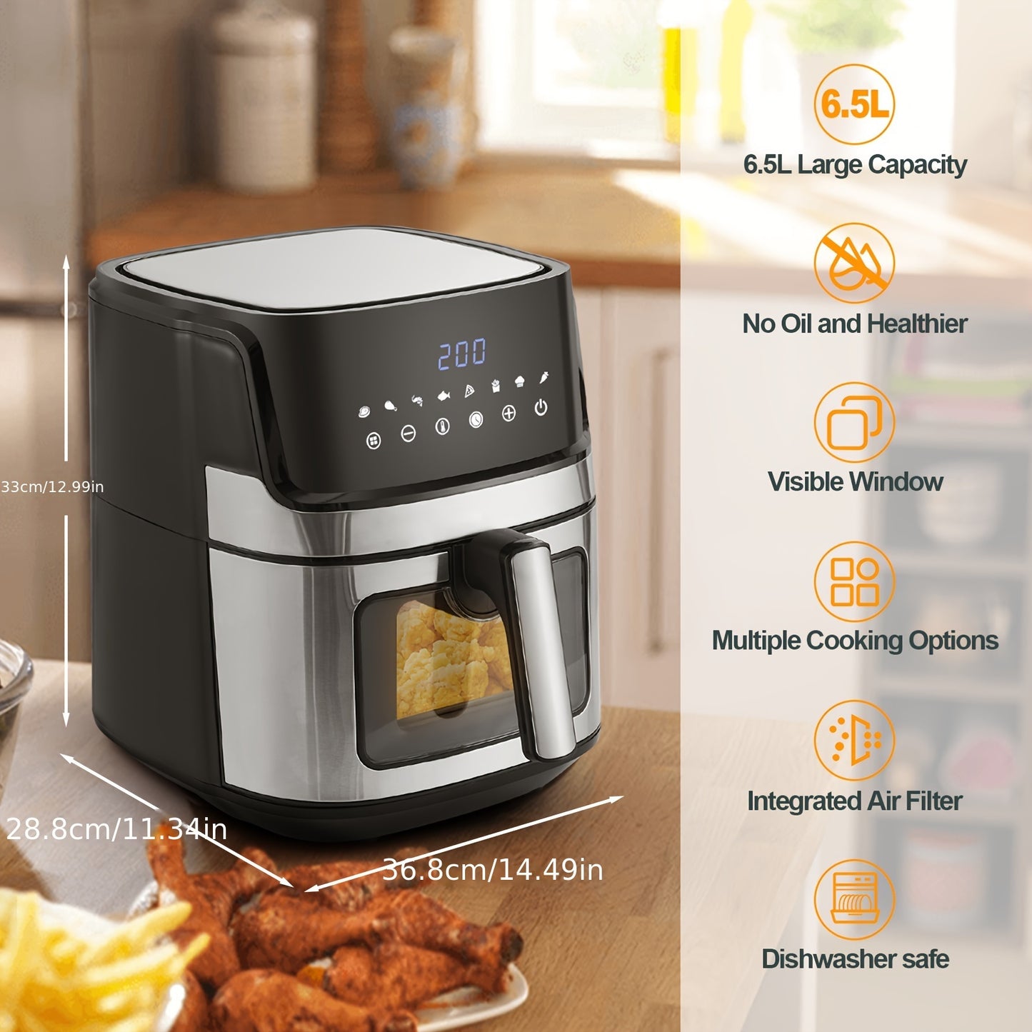 CLIPOP 8-in-1 Air Fryer With LED Touch Display And Visible Window 6.5L AirfryerRapid Circulation For Health Cooking, 1700W, 60 Min-timer, 80-200°C