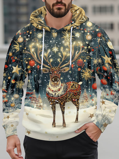 1pc Men'S Christmas Reindeer 3D Print Hoodie with Kangaroo Pocket, Casual Polyester Long Sleeve Pullover for Hiking, Running, Training, and Outdoor Activities - All Seasons