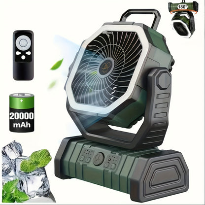 Portable Camping Fan with LED Light - Rechargeable Battery, 270° Rotation, USB Charging - 10400mAh