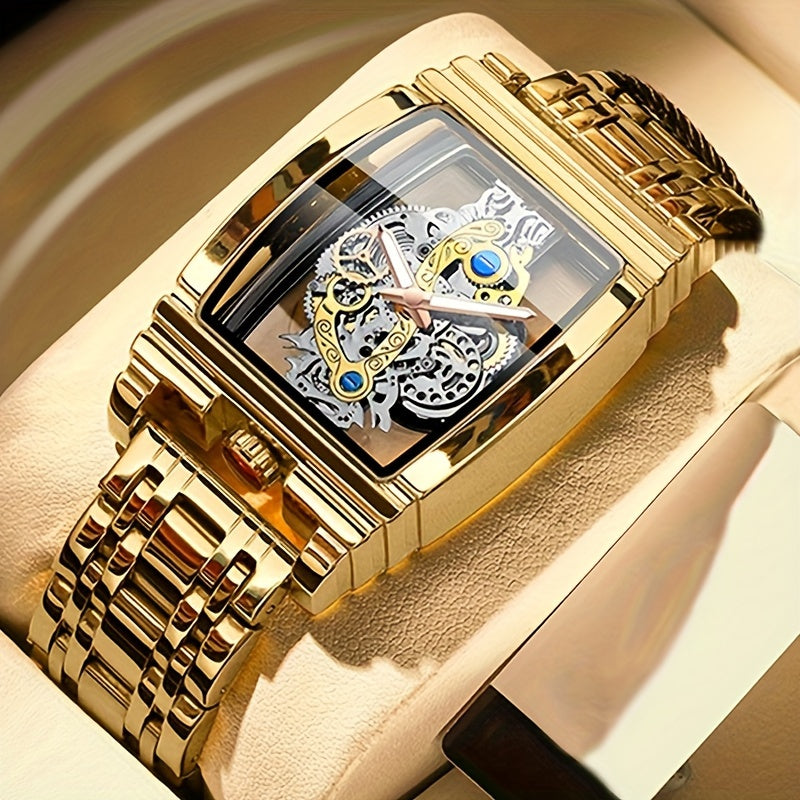 1pc Luxury Men'S Quartz Watch - Business Style, Golden Stainless Steel, Round Dial, Tourbillon Hollow-Out Design, Electronic Movement, Battery Powered, Non-Waterproof, Fashionable High-End Accessory