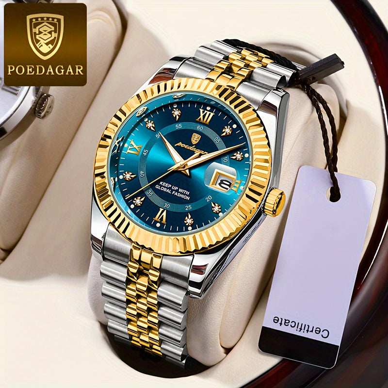 POEDAGAR Luxury Men's Watch - Waterproof, Luminous with Calendar Feature, Stainless Steel Quartz Movement, Business Style