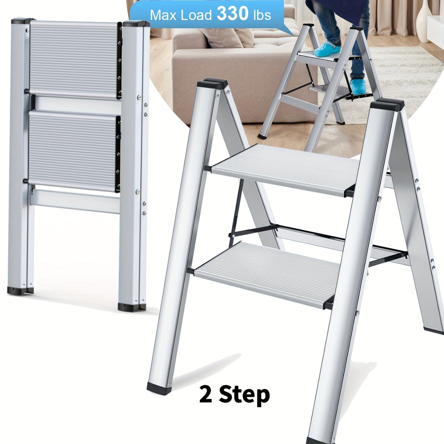 2 Step Folding Ladder Lightweight Aluminium Step Stools For Adults, Portable Stepladder Non-Slip Step Stool For Household Office Home Kitchen, Holds Up To 150KG 330 Lbs Lightweight Aluminium Step Stools With Anti-Slip Wide Pedal (Sliver)