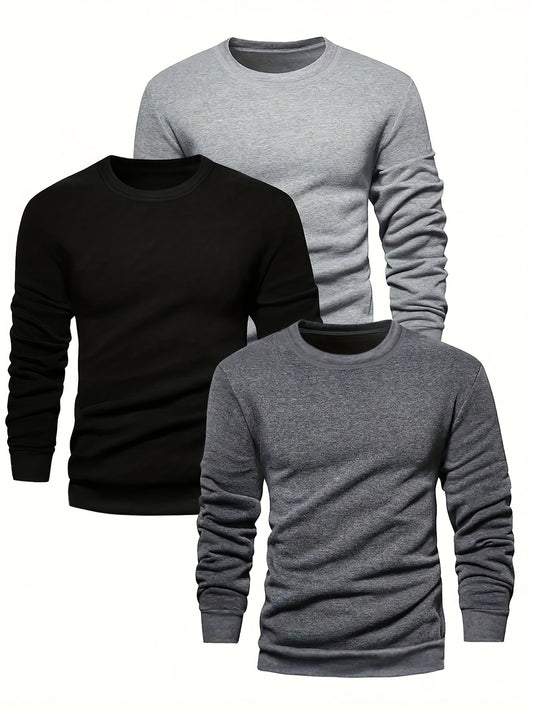 3 Pcs Men's Solid T-shirt, Casual Long Sleeve High Stretch Slim-fit Crew Neck Tee, Men's Clothing For Outdoor