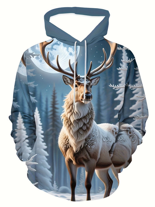 Men's 3D Christmas Reindeer Print Hoodie - Casual Pullover with Kangaroo Pocket, Long Sleeve, Polyester Blend