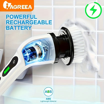 1set, 360 Cordless Electric Cleaning Brush, IAGREEA Rotary Floor Scrubber with Replaceable 6 Brush Heads, Adjustable Extension Handle, and USB-C Charging Line for Bathroom, Bathtub, Tiles