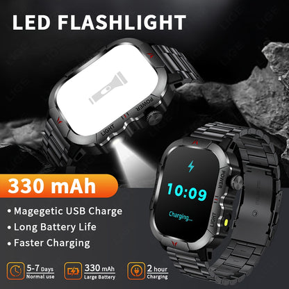 LIGE Smart Watch with Flashlight - Multi-Functional, Wireless Calling, Stainless Steel Band, Zinc Alloy Case, 330mAh Rechargeable Battery