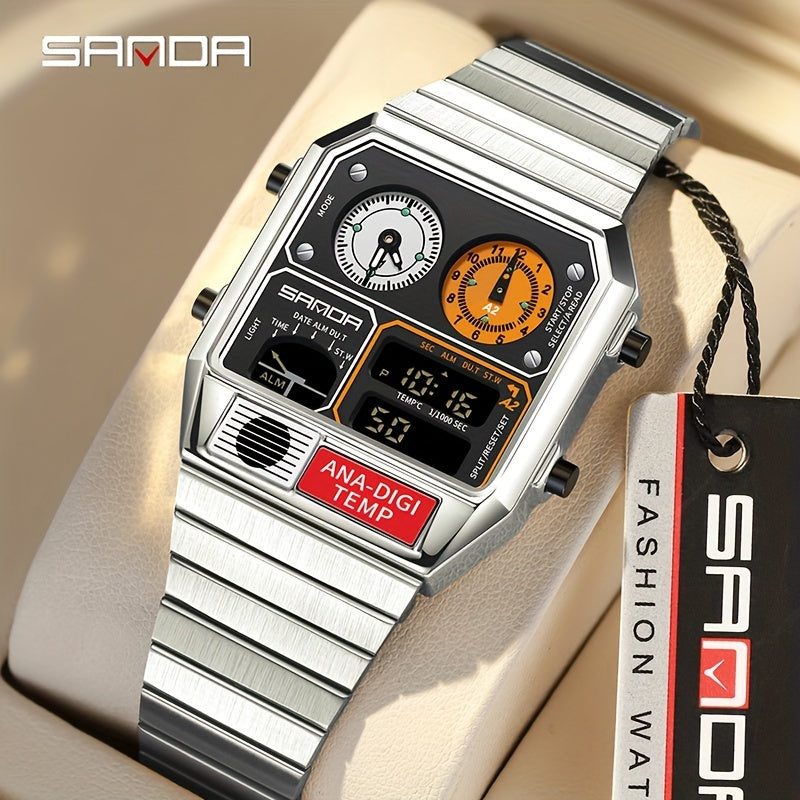 SANDA Men's Multi-Function Digital Watch - Waterproof, Stainless Steel Band, Dual Display, Stopwatch & Alarm, Water-Resistant to 50m, Fashionable Square Design