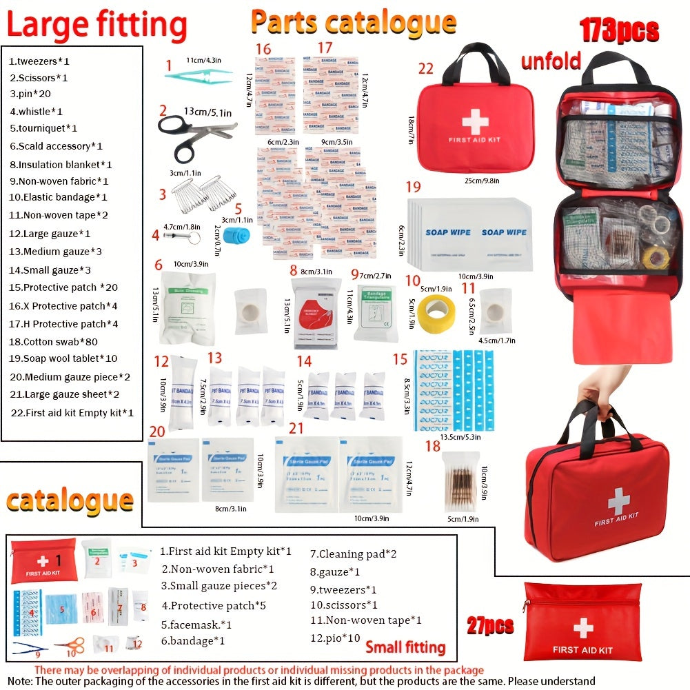 27pcs/173pcs Multi-purpose Small/Large First Aid Kit: Portable Bag For Outdoor Hunting, Hiking, Camping And More - Including Emergency Supplies! Included Accessories