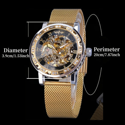 T-WINNER Elegant Men's Mechanical Watch with Rhinestone Accents and Stainless Steel Mesh Band - Zinc Alloy Case