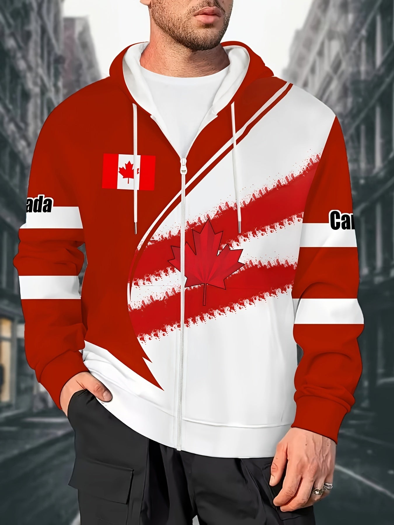 Men's Casual Zip-Up Hoodie with Maple Leaf Print - Cozy Polyester, Machine Washable, Perfect for Fall/Winter