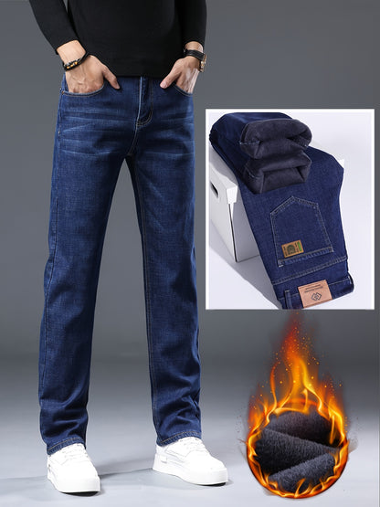 Cotton Men's Classic Design Winter Warm Thick Jeans, Semi-formal Stretch Business Jeans, Stretch Denim Fabric, Solid Color Pattern, Stylish And Light Business Shape, Straight Leg And Multi-pocket Design