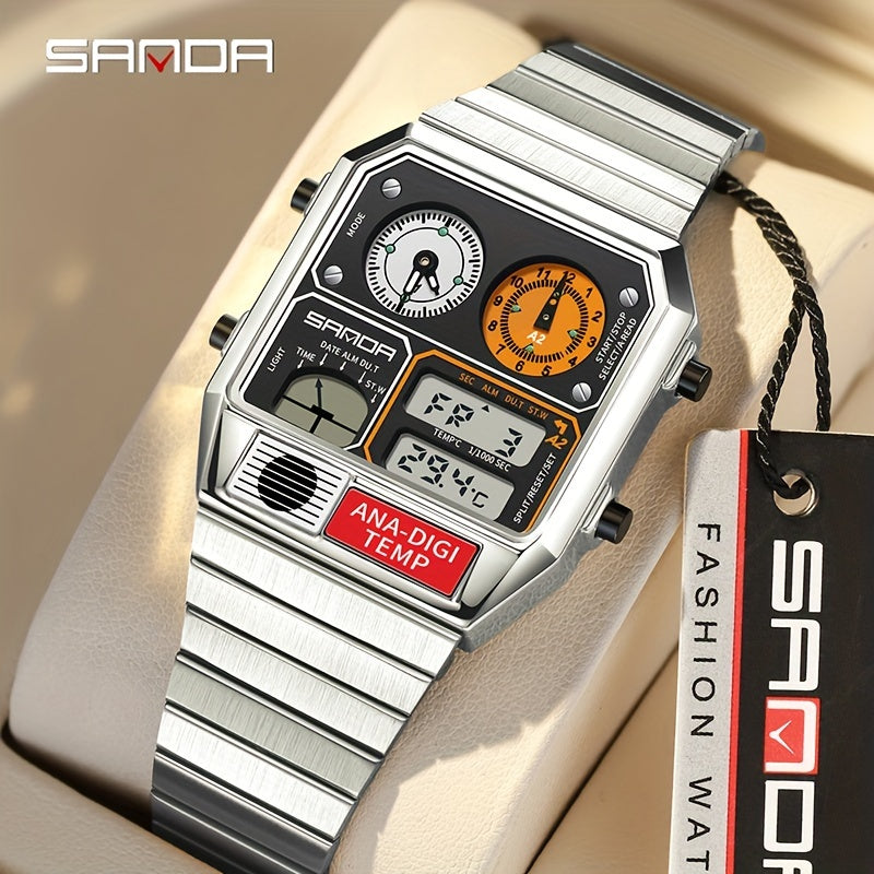 SANDA Men's Multi-Function Digital Watch - Waterproof, Stainless Steel Band, Dual Display, Stopwatch & Alarm, Water-Resistant to 50m, Fashionable Square Design