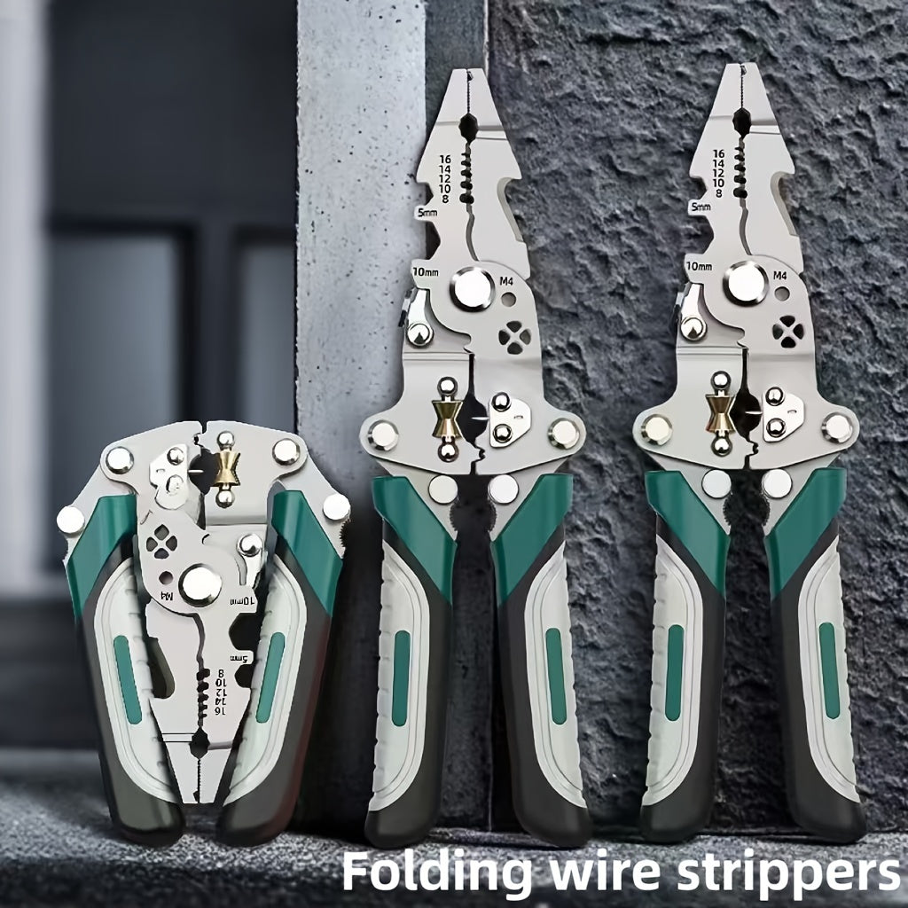 Versatile Folding Electrician's Pliers - Chrome Vanadium Steel, Industrial-Grade Tool with Crimping, Clamping, Twisting, Nail Pulling & Screwdriver Functions - Compact Design for Easy Storage