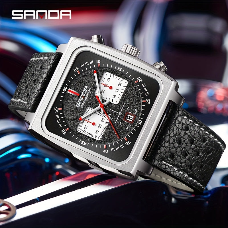 SANDA Men's Luxury Sports Watch - Waterproof, Fluorescent Square with Calendar & Trendy Three-Eye Six-Hand Design, Faux Leather Strap