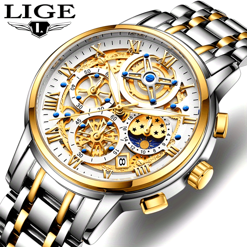 LIGE Unisex Quartz Watch, Zinc Alloy Case, Luminous Display, Calendar, Business Casual Wristwatch, Ideal For Gifts