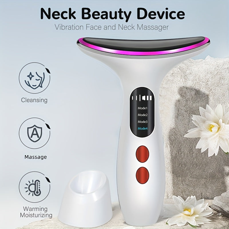 Rechargeable Facial And Neck Massager With Tri-Color LED And Heating Mode With Stand Face Massage Care Tool Gifts For Women