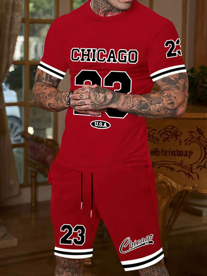 2pcs Men's 'CHICAGO' Print Short Sleeve T-shirt + Shorts Co-ord Set, Casual Outdoor Summer Set As Gift