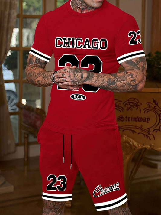 2pcs Men's 'CHICAGO' Print Short Sleeve T-shirt + Shorts Co-ord Set, Casual Outdoor Summer Set As Gift