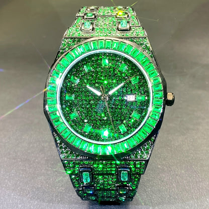 MISS FOX Luxury Hip-Hop Men's Quartz Watch - Fashionable Green Full Rhinestone, Japanese Movement, Zinc Alloy Band