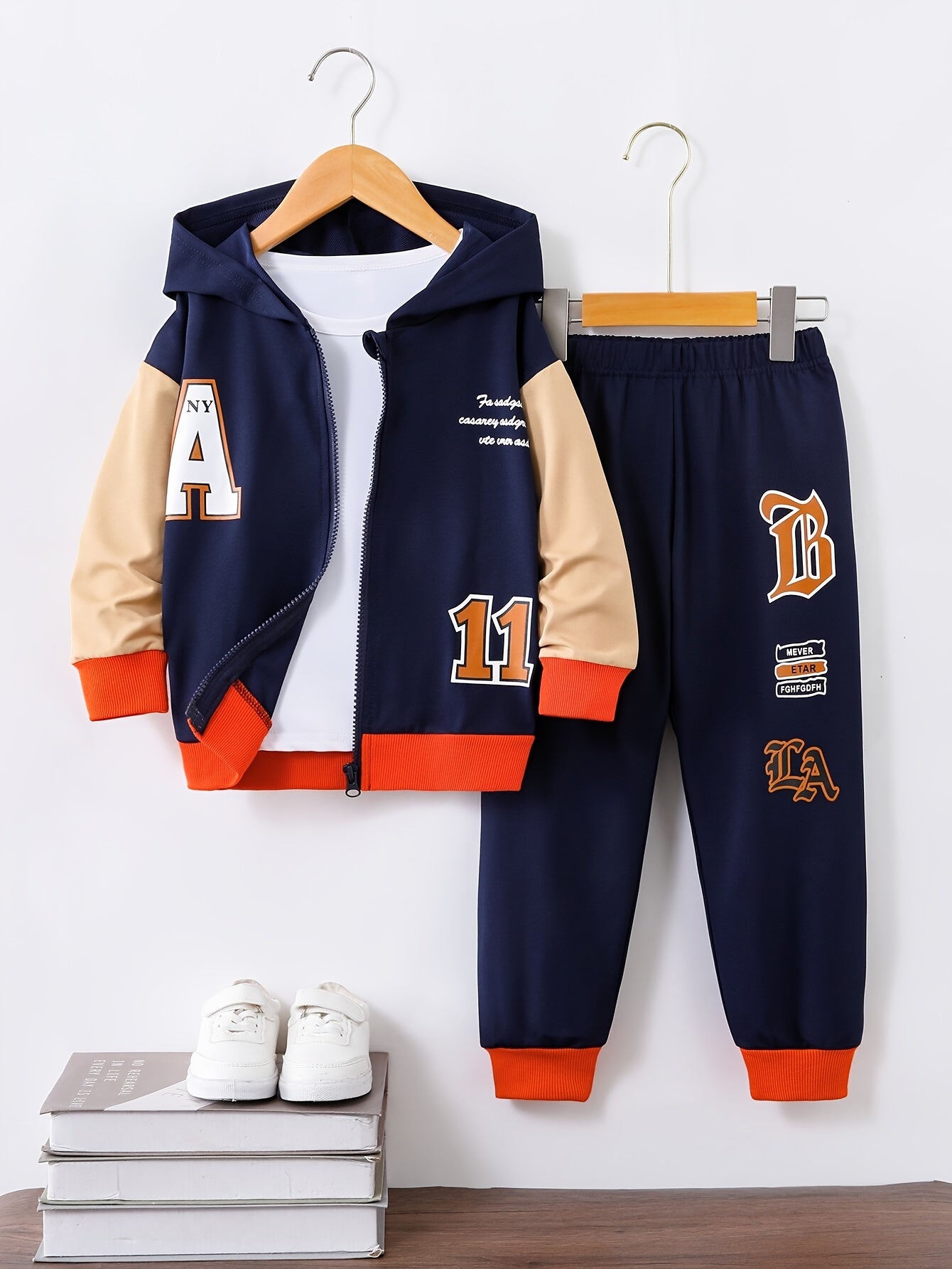 Casual Long Sleeve Hooded Baseball Jacket & Joggers Set, Street Style Pattern, 2-piece Boys Co Ord Set For Spring Fall For Daily & Outdoor Wear