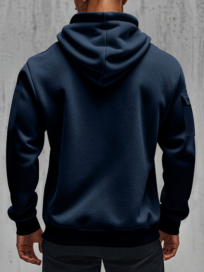 Men's Casual Hoodie with Zip & Pockets - Comfort Fit Polyester Pullover, Solid Color Knit Sweatshirt for Spring/Fall/Winter