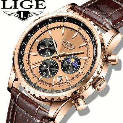 LIGE Luxury Men'S Quartz Watch with Glitter, Chronograph, Alloy Case, Faux Leather Strap, Button Battery Included - Elegant Faux Leather Sports Style Chronometer, Dry Battery Powered