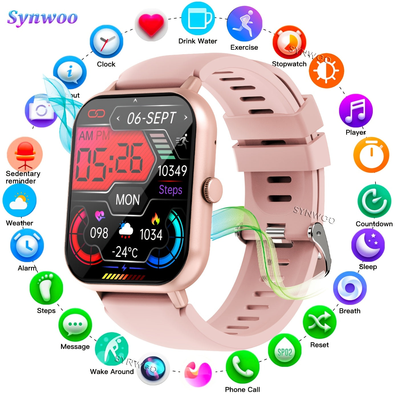 1pc SYNWOO Elegant Smart Watch, 4.65cm Full Touch Screen, IP68, Silicone Band, 100+ Sports Modes, Music Control, Voice Assistant, Fitness & Health Monitoring, Stopwatch, Rechargeable Lithium Battery, Square Plastic Case - Unisex Couple Watch