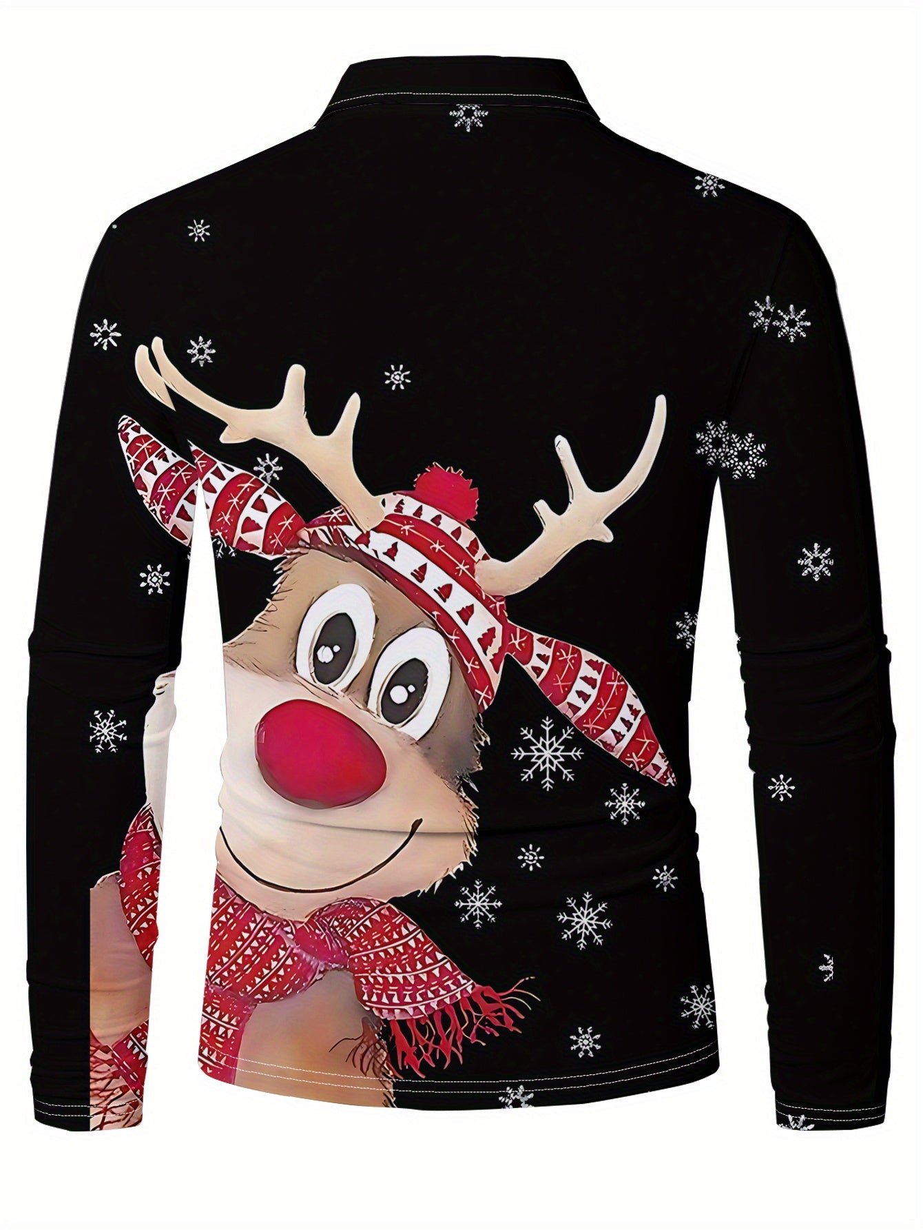 Men'S Casual Christmas Reindeer Print Knit Polo-Style Shirt with Lapel Collar and Button Details, Regular Fit, 100% Polyester, Slight Stretch Fabric with Geometric Pattern