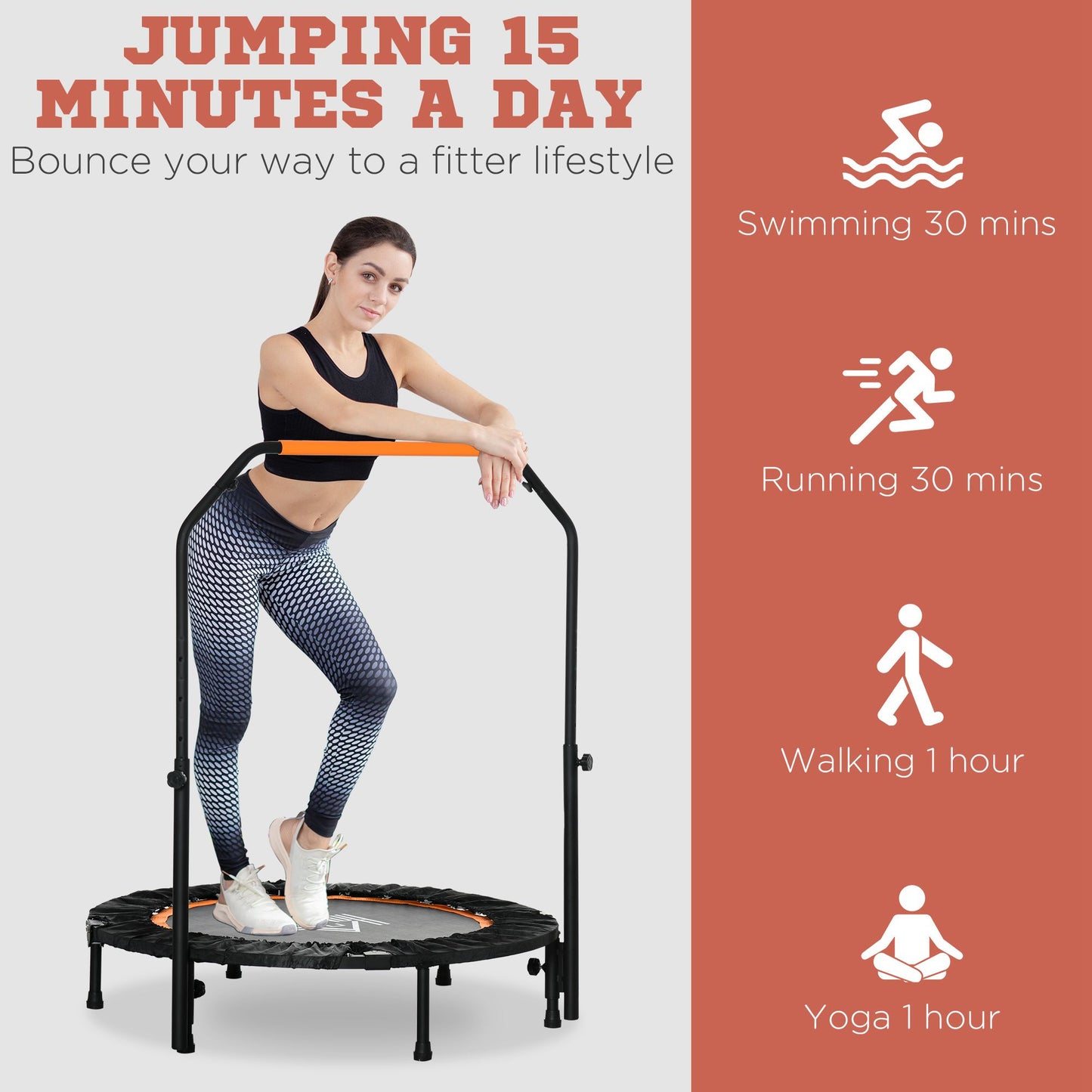 40" Foldable Mini Trampoline Fitness Trampoline Rebounder for Adults w/ Adjustable Foam Handle, for Indoors, Outdoors, Cardio Training