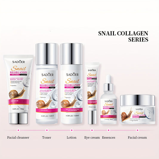 Snail Reorganize Collagen Skin Care Set-6 Piece Gentle Skin Cleaning & Care Travel Size Kit With Cleanser, Lotion, Toner, Eye Cream, Serum, Face Cream, Skin Care For Hydration, Soothing Moisturize